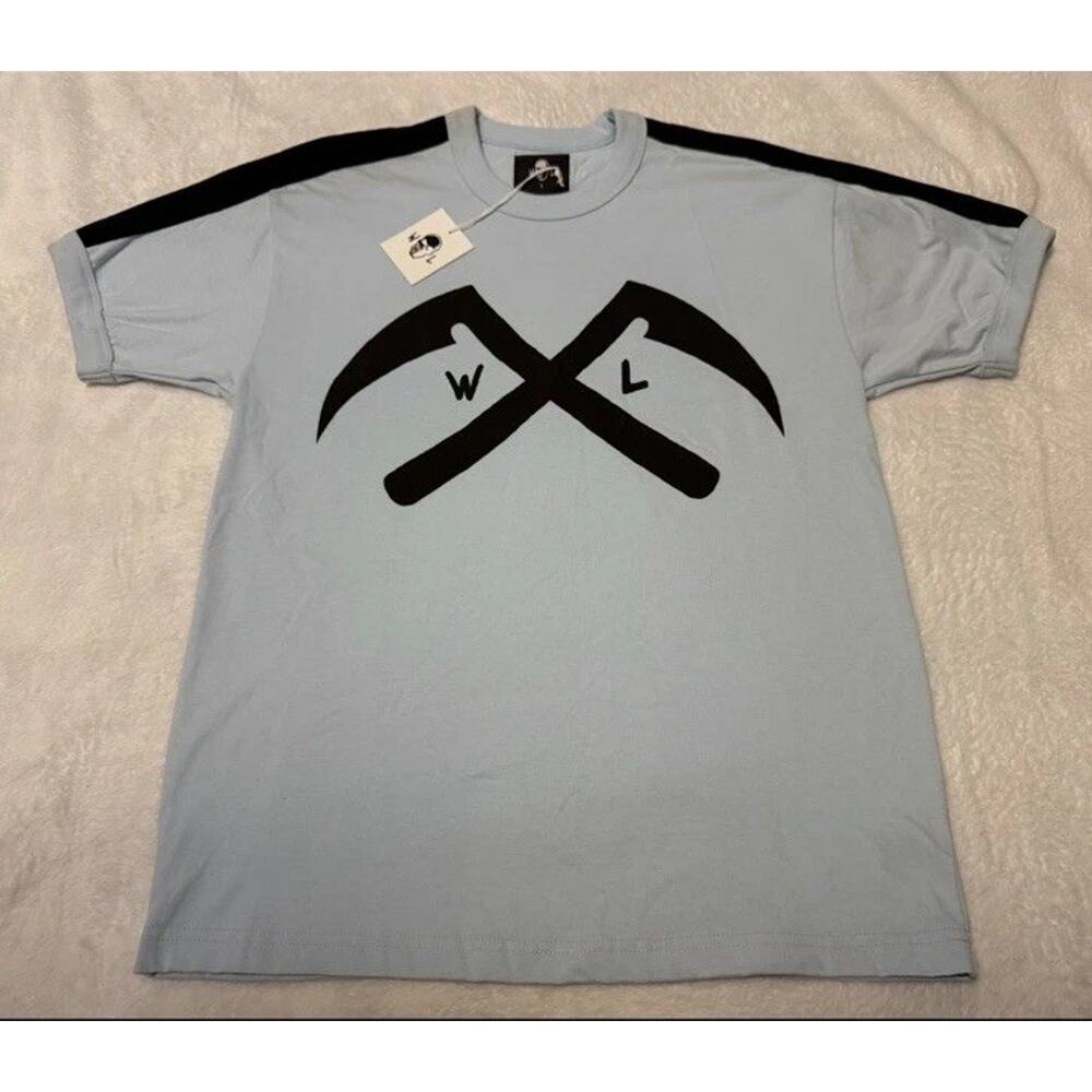 New Rare Warren Lotas Crossed Scythe Ringer T-Shirt, Size Small Sky Blue Black